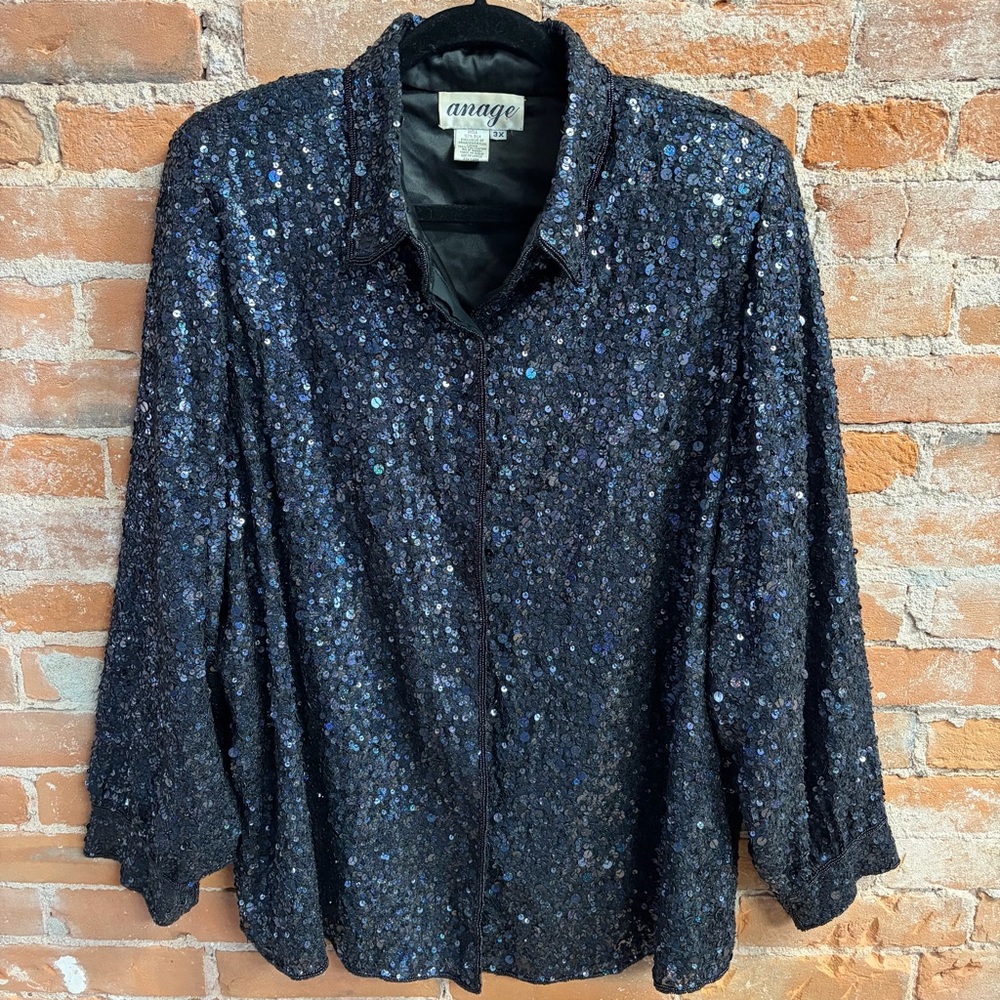 Anage Sequin Silk Long Sleeve Button Up Shirt Party Glam Blouse Women’s 3X